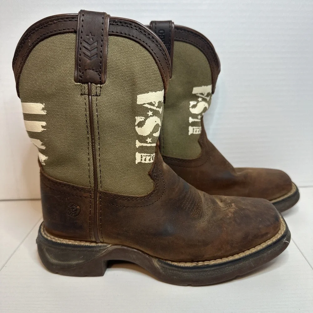 Durango Western Cowboy Boots Boys Size 12 M Brown Army Green USA Pull On